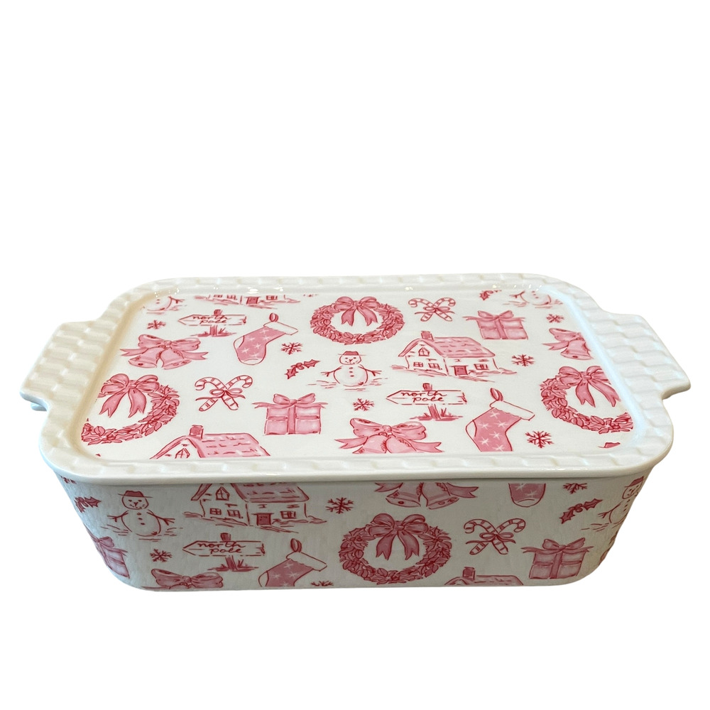 Grace Teaware Christmas Rectangular Baker & Lid Casserole Holiday Red & White
